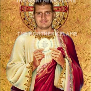 May include: A painting of a man in a white robe with a red sash, holding a white wafer. He is wearing a gold crown and has a halo above his head. The background is gold with a decorative pattern.