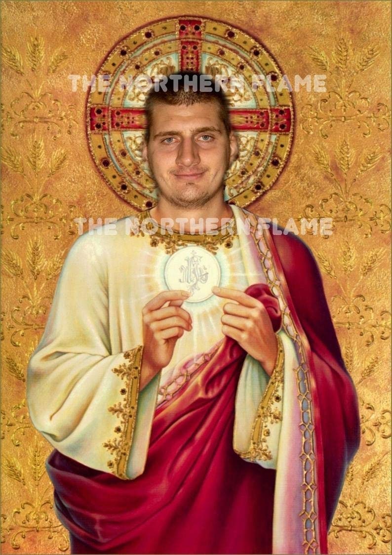 May include: A painting of a man in a white robe with a red sash, holding a white wafer. He is wearing a gold crown and has a halo above his head. The background is gold with a decorative pattern.