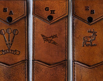Leather Darts Case - Antique tan with initials and stamp