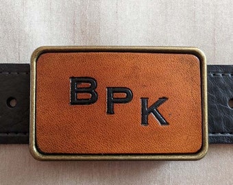 Personalised Belt Buckle with Leather Insert - Tan or Brown with initials