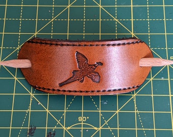 Leather barrette, Hair clip - antique tan finish - wild fowl pheasant
