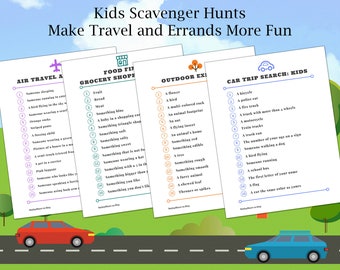 May include: Four printable scavenger hunt checklists for children titled Kids Scavenger Hunts Make Travel and Errands More Fun. The lists include Air Travel, Grocery Shopping, Outdoor Exploration, and Car Trip Search with numbered items.