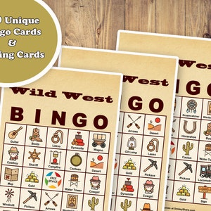 50 vorgefüllte Wild West Bingo Spielkarten, PDF zum Ausdrucken, Sofort-Download, einfaches Lernspiel für Kinder im Klassenzimmer