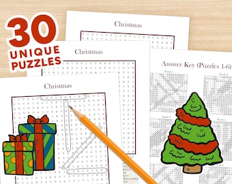 30-Puzzle Christmas Word Search Pack, PDF Printable, Instant Download, Unique Layouts with Answer Keys, Classroom