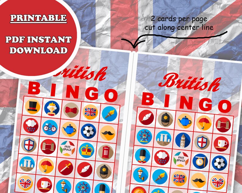 40 British Party Bingo Game Prefilled Cards PDF Printable - Etsy