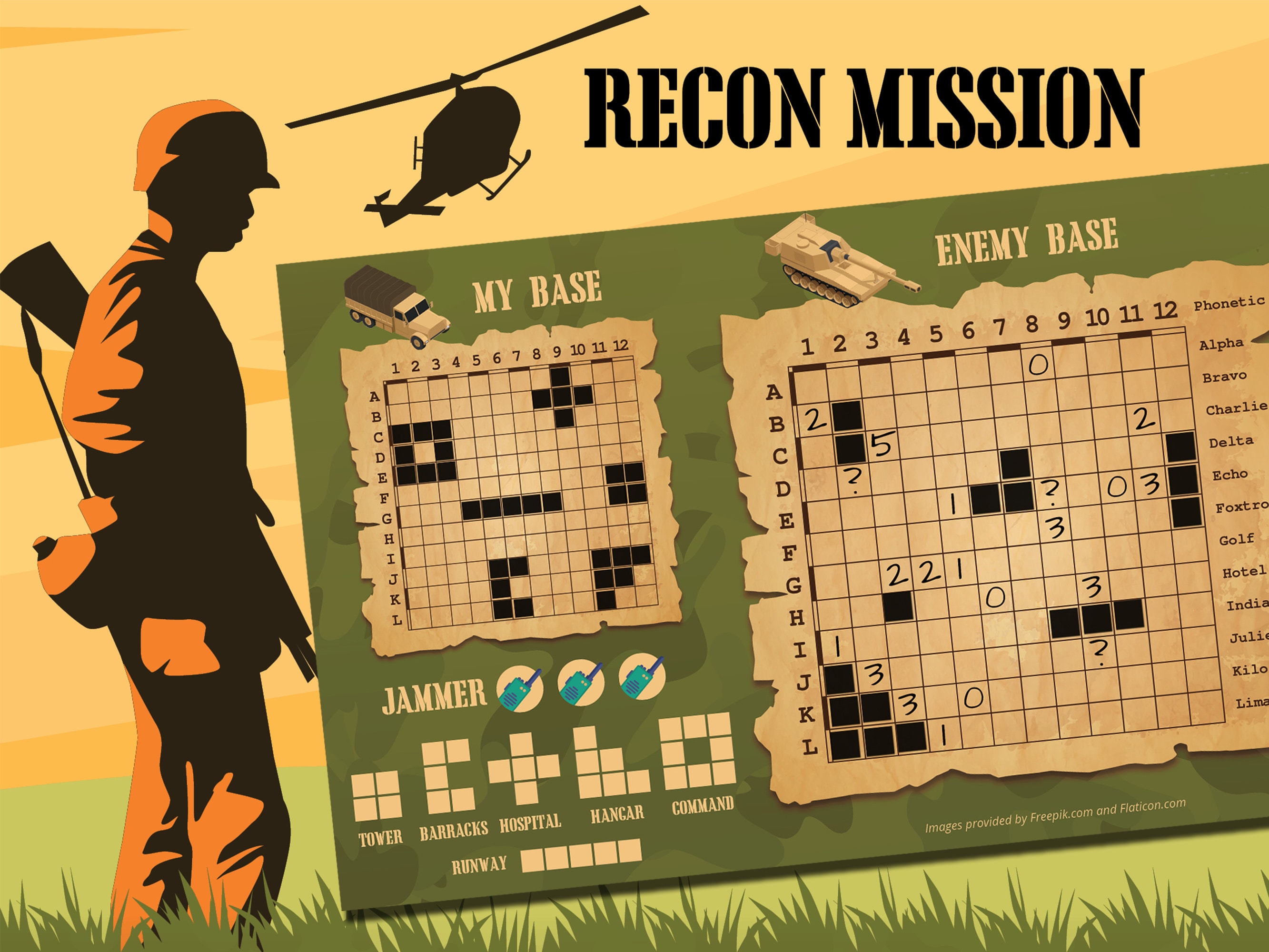 Recon Mission - 2 Player Print and Play Printable Game - Battleship Style Game