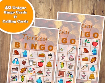 May include: Three rectangular Turkey Bingo game cards featuring a grid of colorful icons including a turkey, apple, pie, and autumn leaves. The text at the top reads 40 Unique Bingo Cards & Calling Cards and Turkey BINGO. The background has a fall theme.