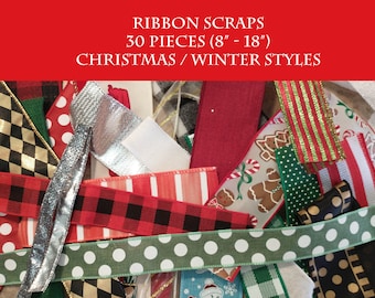 May include: A collection of 30 Christmas and winter themed ribbon scraps, ranging in size from 8 to 18 inches. The ribbons feature various patterns, including plaid, polka dots, stripes, and gingerbread men.