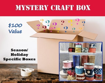 Mystery Craft Box - Ribbons, Wreath Making Supplies, Embellishments, & More. Mixed Craft Supply Grab Bag Assortment