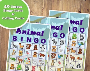 40 Animal Bingo Game Prefilled Cards, PDF Printable, Instant Download, Easy Kid's Classroom Educational Game