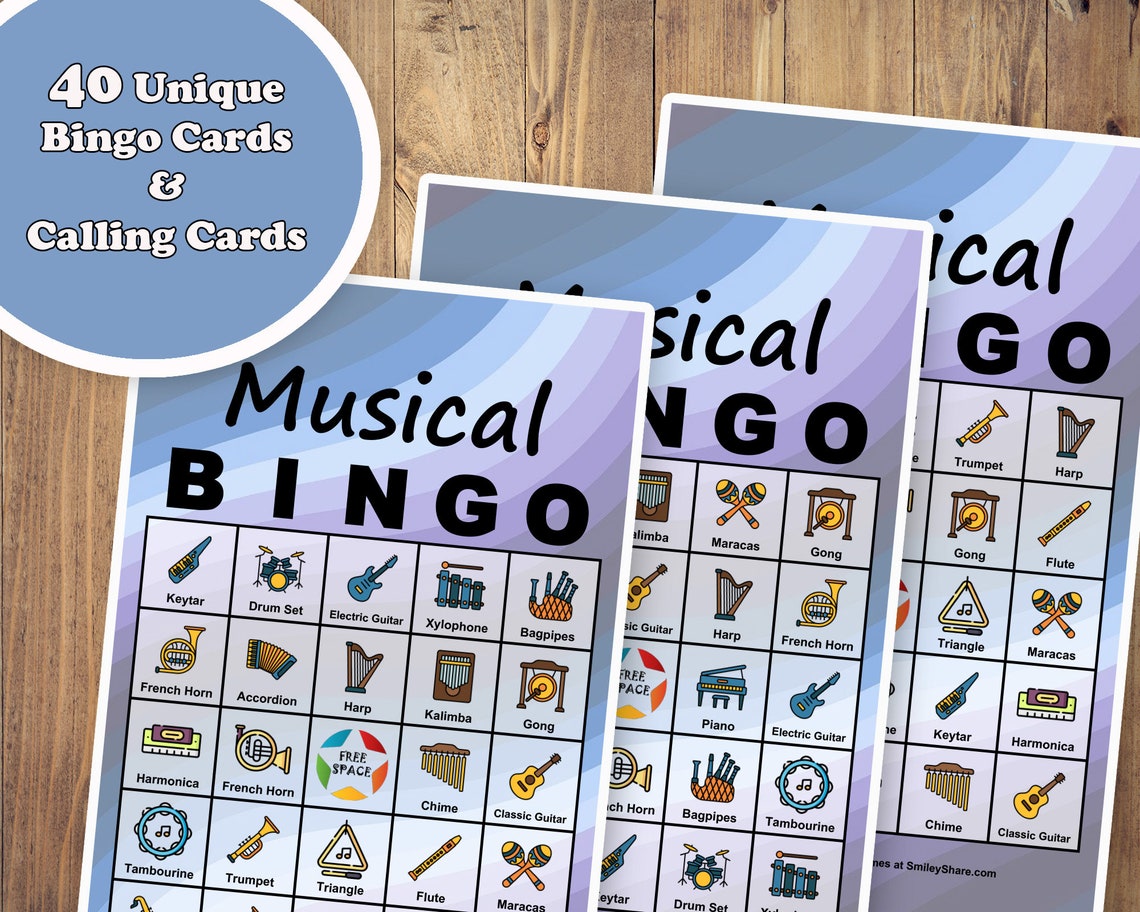 40 Musical Instrument Bingo Game Prefilled Cards, PDF Printable ...