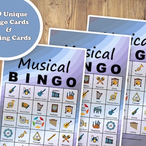 40 cartas pré-preenchidas de jogo de bingo de instrumentos musicais, PDF para impressão, download instantâneo, jogo educacional fácil para crianças em sala de aula