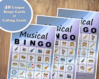 40 Musical Instrument Bingo Game Prefilled Cards, PDF Printable, Instant Download, Easy Kid&#39;s Classroom Educational Game