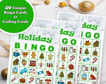 May include: Holiday Bingo cards with festive illustrations, including a Christmas tree, gingerbread man, and gifts. The cards have a green border and the words "Holiday Bingo" in green. The image also includes the text "40 Unique Bingo Cards & Calling Cards".