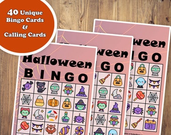 May include: Halloween Bingo cards with various Halloween-themed illustrations, including bats, cats, and pumpkins. The cards have a pink background with a spiderweb design. The text "Halloween BINGO" is prominently displayed.