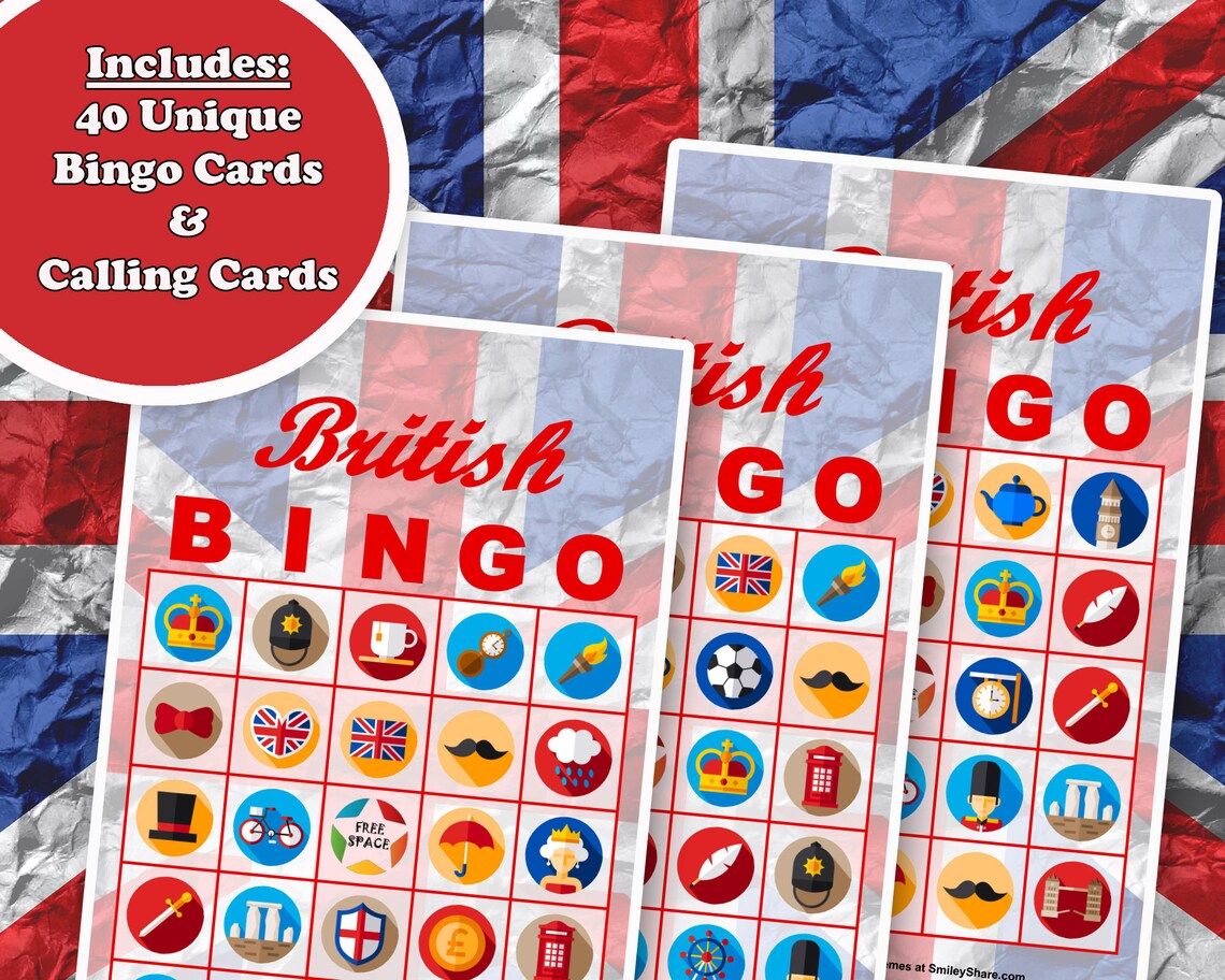 40 British Party Bingo Game Prefilled Cards PDF Printable - Etsy