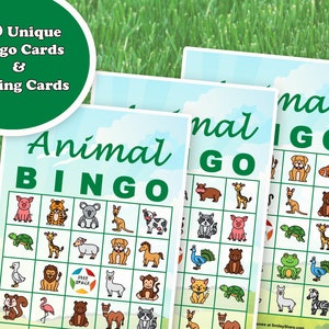 May include: A set of 50 unique animal bingo cards with calling cards. The cards feature a variety of animals, including a tiger, giraffe, koala, and more. The cards are perfect for a fun and educational game for children.