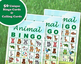 May include: A set of 50 unique animal bingo cards with calling cards. The cards feature a variety of animals, including a tiger, giraffe, koala, and more. The cards are perfect for a fun and educational game for kids.