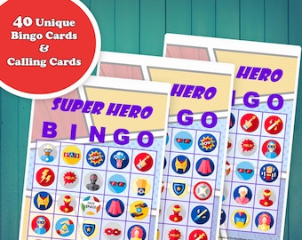40 Super Hero Bingo Game Prefilled Cards, PDF Printable, Instant Download, Easy Kid's Game