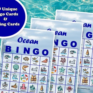 40 cartes pré-remplies de jeu de bingo océan, PDF imprimable, téléchargement immédiat, jeu amusant de fête d'anniversaire pour enfant