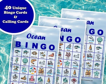 40 Ocean Bingo Game Prefilled Cards, PDF Printable, Instant Download, Fun Kid's Birthday Party Game