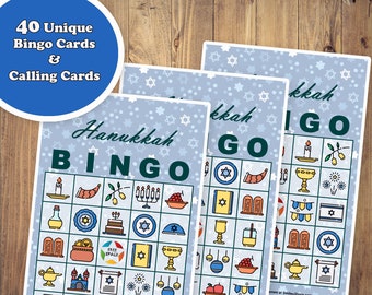 May include: Three Hanukkah Bingo cards with a light blue background and star patterns. The cards feature colorful illustrations of Hanukkah symbols and the text "Hanukkah BINGO". A blue circle reads "40 Unique Bingo Cards & Calling Cards".