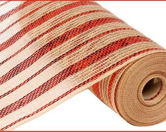 10 inch x 10 Yards Deco Jute Metallic Mesh - Red and Neutral Striped | Wreath Making Supplies | Neutral/Tan Mesh with Red Foil Stripes