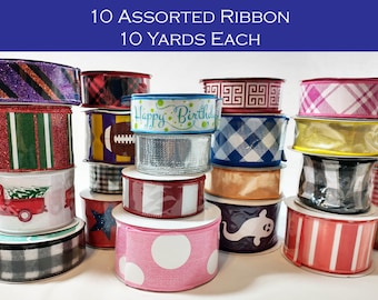 10 Assorted Ribbon Spools - Wired Edge Fabric Ribbon, Craft Supplies