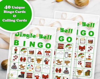 May include: Christmas-themed Bingo game cards with festive illustrations. The cards feature a grid layout with images of snowmen, Santa, and other holiday icons. The text "Jingle Bell BINGO" is prominently displayed, along with the text "40 Unique Bingo Cards & Calling Cards".