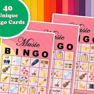 40 tarjetas precargadas de juegos de bingo musical, imprimibles en PDF, descarga instantánea, juego educativo fácil para el aula para niños