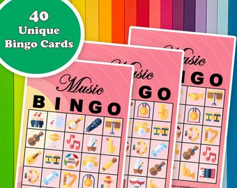 40 Music Bingo Game Prefilled Cards, PDF Printable, Instant Download, Easy Kid&#39;s Classroom Educational Game