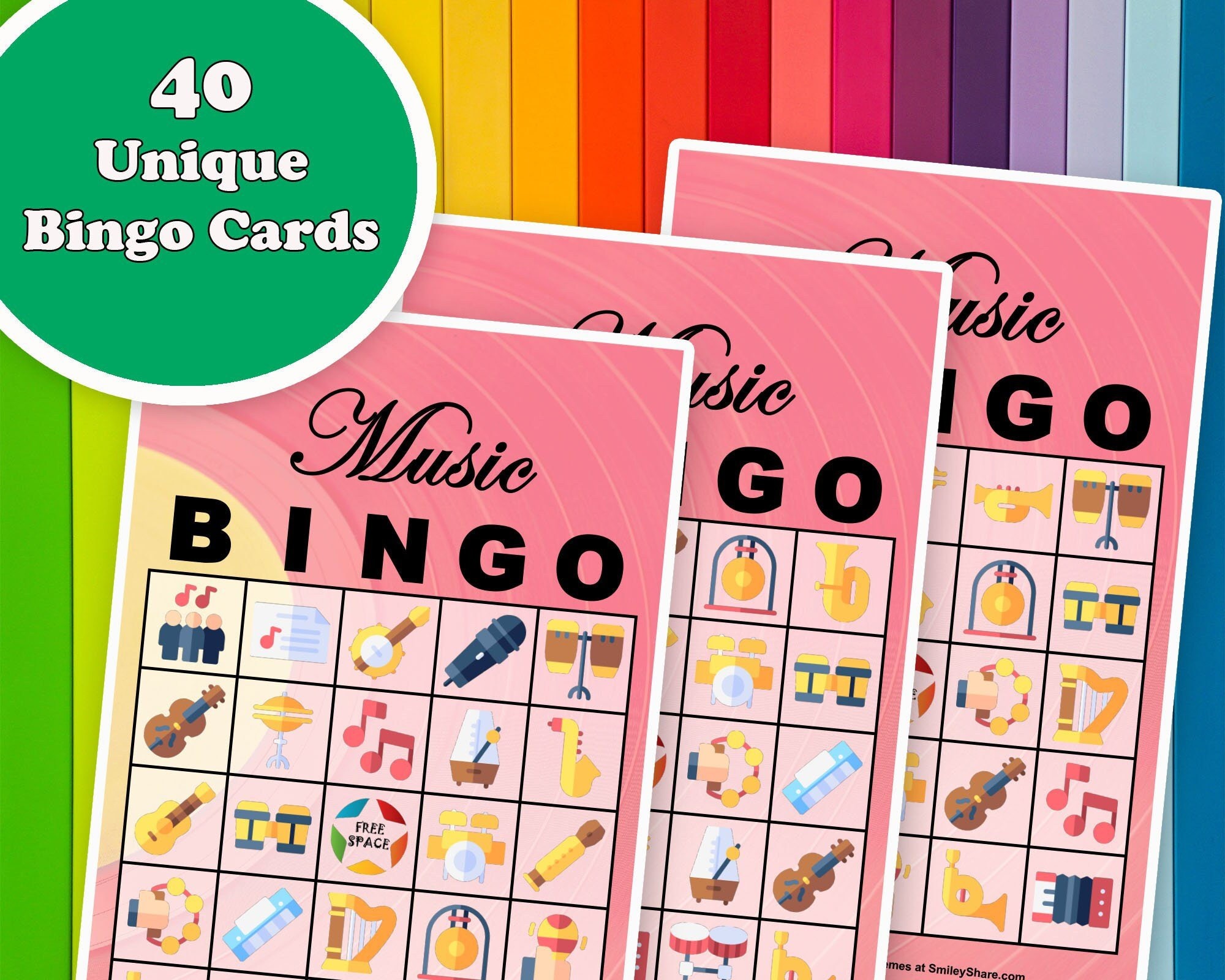 40 Music Bingo Game Prefilled Cards, PDF Printable, Instant Download