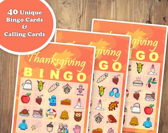May include: Three Thanksgiving bingo cards featuring a grid of colorful seasonal icons like turkeys, pumpkins, and autumn leaves. The text reads 40 Unique Bingo Cards & Calling Cards, Thanksgiving BINGO, and Free Space. The cards have an orange background.