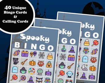 May include: A stack of "Spooky Bingo" game cards with Halloween-themed illustrations. The cards feature images of ghosts, pumpkins, witches, and candy. The text "40 Unique Bingo Cards & Calling Cards" is displayed in a circular graphic.
