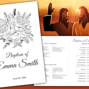 Puede incluir: Un diseño floral en blanco y negro con el texto "Baptism of Emma Smith" y la fecha "June 28, 1830". La imagen también incluye un himno titulado "When I Am Baptized" y otro himno titulado "I Am a Child of God".