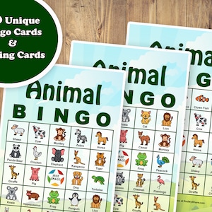 40 Animal Bingo Game Wstępnie wypełnione karty, PDF do wydrukowania, natychmiastowe pobranie, łatwa gra edukacyjna dla dzieci w klasie. Zdjęcia i nazwy zwierząt