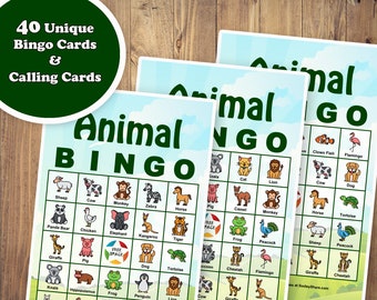 40 Animal Bingo Game Prefilled Cards, PDF Printable, Instant Download, Easy Kid&#39;s Classroom Educational Game. Animal Pictures and Names