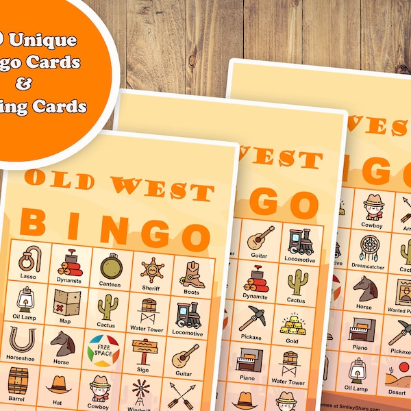 50 Old West Bingo Game Prefilled Cards, PDF Printable, Instant Download, Easy Kid's Classroom Educational History Game