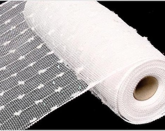 May include: White mesh ribbon with a dotted pattern. The ribbon is rolled up and ready to be used for crafting or decorating.