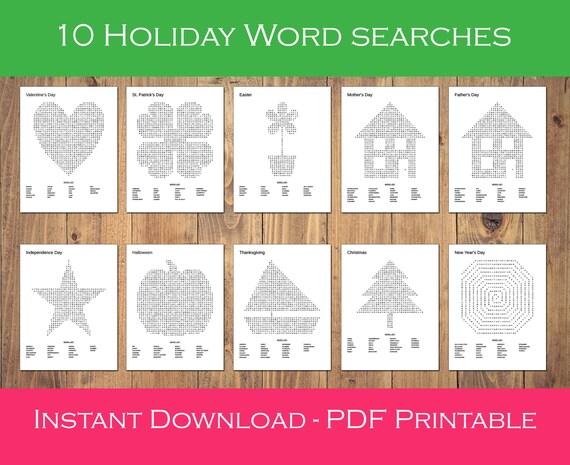holiday word search set 10 printable holiday themed word etsy