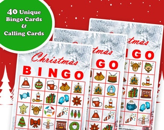 May include: Three Christmas bingo cards featuring a grid of colorful holiday icons including Santa hats, ornaments, stockings, bells, and gifts. The cards have the text Christmas BINGO in red at the top and a green circle with 40 Unique Bingo Cards & Calling Cards.