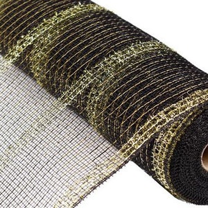 10 inch x 10 Yards Deco Poly Mesh - Black with Gold Tinsel Foil Stripes | Wreath Making Supplies | Metallic Tinsel Foil Mesh