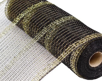10 inch x 10 Yards Deco Poly Mesh - Black with Gold Tinsel Foil Stripes | Wreath Making Supplies | Metallic Tinsel Foil Mesh