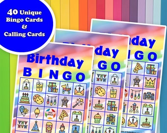 40 Birthday Bingo Game Prefilled Cards, PDF Printable, Instant Download, Fun Birthday Party Game, Colorful