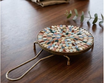Vintage MCM Mosaik Fliesen Untersetzer aus Messing Draht Griff Boho Home Decor