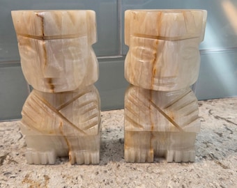 Vintage Hand Carved Onyx Aztec Mayan Warrior Bookends Natural Stone Cream Tan 7"