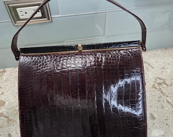 Bolso de mano vintage de piel auténtica de cocodrilo con asa superior, marrón
