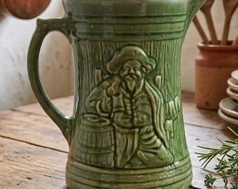 Vintage Nelson McCoy Buccaneer  Green Glazed Ceramic Pitcher Pub Decor 8 Inch