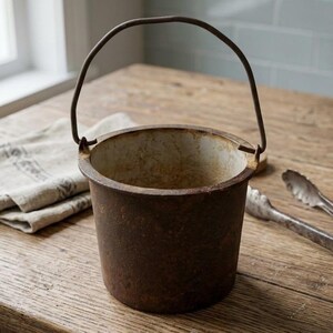 May include: A cylindrical metal bucket with a dark, rusted exterior and a weathered, light-colored interior. The bucket features a thin, arched metal handle attached to the sides, showing signs of age and oxidation throughout the entire surface.