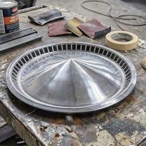 Könnte beinhalten: Eine kreisförmige, silberfarbene Radkappe aus Metall mit einer erhöhten konischen Mitte und einem umlaufenden Rand mit einer Reihe rechteckiger Aussparungen. Die Radkappe hat eine polierte Oberfläche und liegt auf einer Arbeitsfläche mit Schleifmitteln.